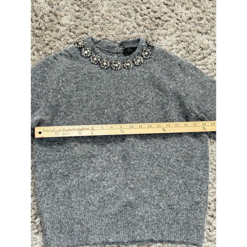 ZARA Womens Grey Fluffy Knit Sweater Short Sleeve Rhinestone Detail Size S NWOT - Picture 9 of 13